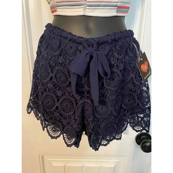 Heart Soul Pants - Heart Soul Women's MED Shorts Crochet Lace Navy Lounge Casual Pull On